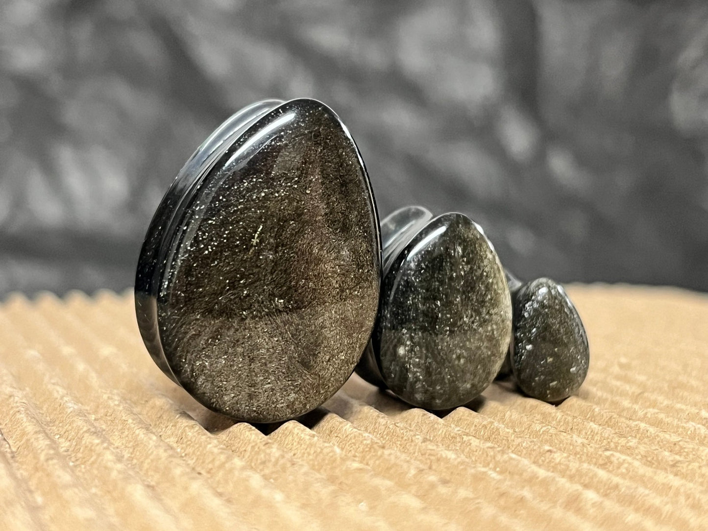 PAIR Teardrop Gold Obsidian Stone Plugs Tear Drop Ear Piercing Earlets Gauges