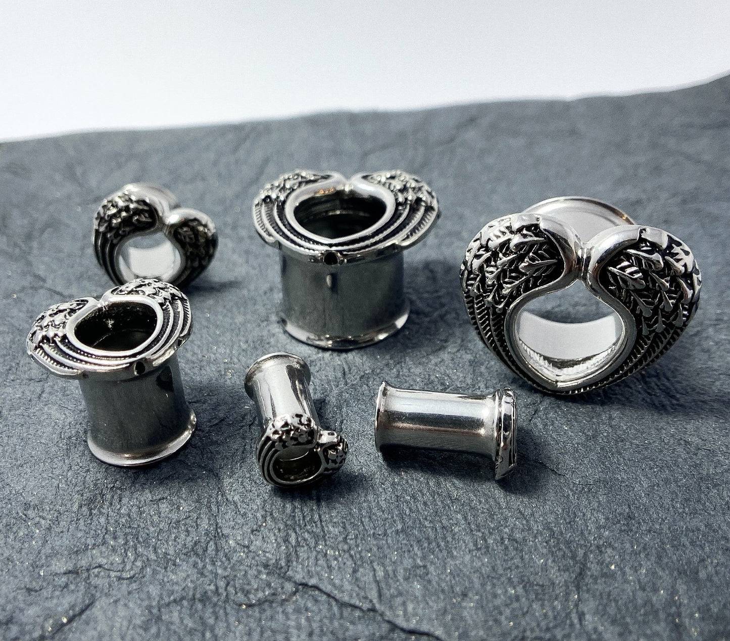PAIR Heart Angel Wings Steel Double Flare Tunnels Plugs Earlet Gauges