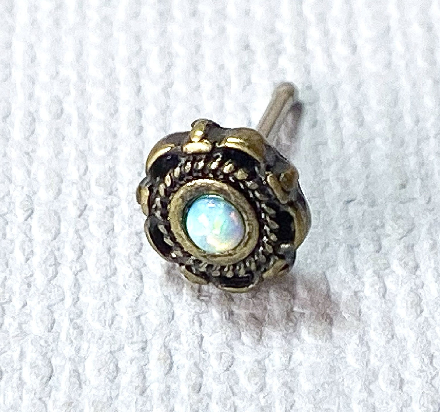 1pc Opal Centered Floral Design Antique Gold or Silver Plated 20g Nose Ring Stud