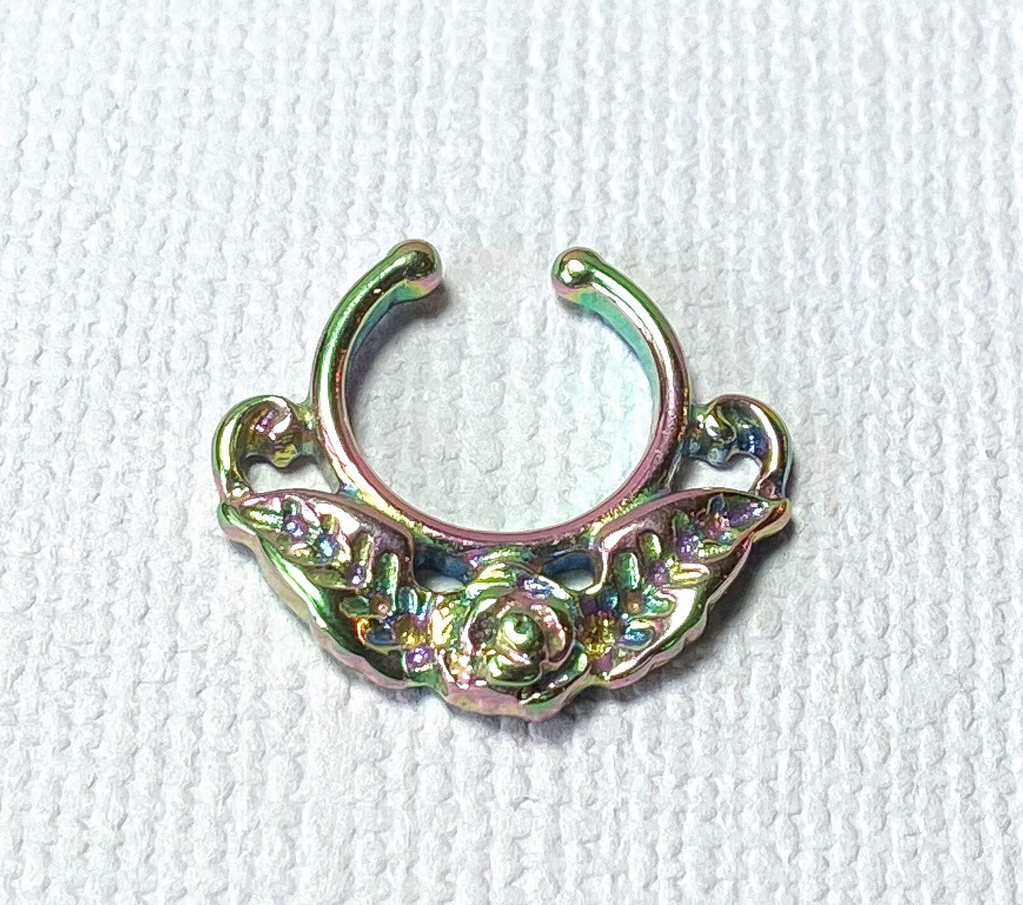 1pc 100% SURGICAL STEEL Non-Piercing Fake Septum Hanger Rose w/ Leaves Clip-on