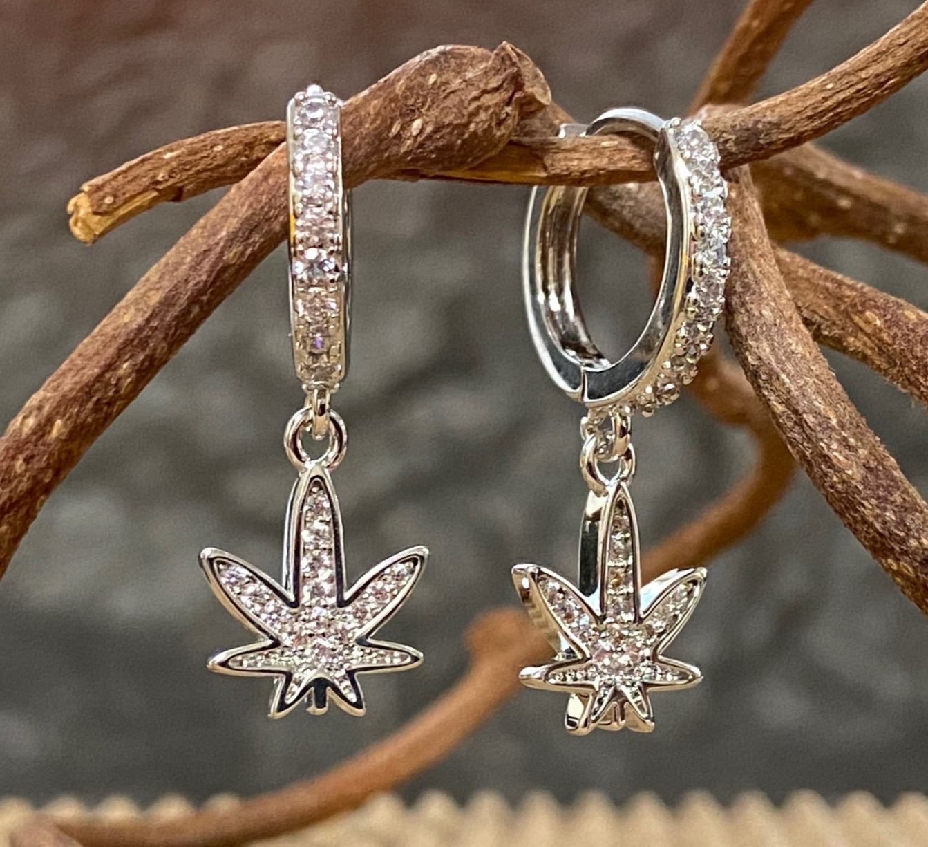 PAIR of CZ Gem Paved Pot Leaf Hinged Hoop Earrings Huggies 18g