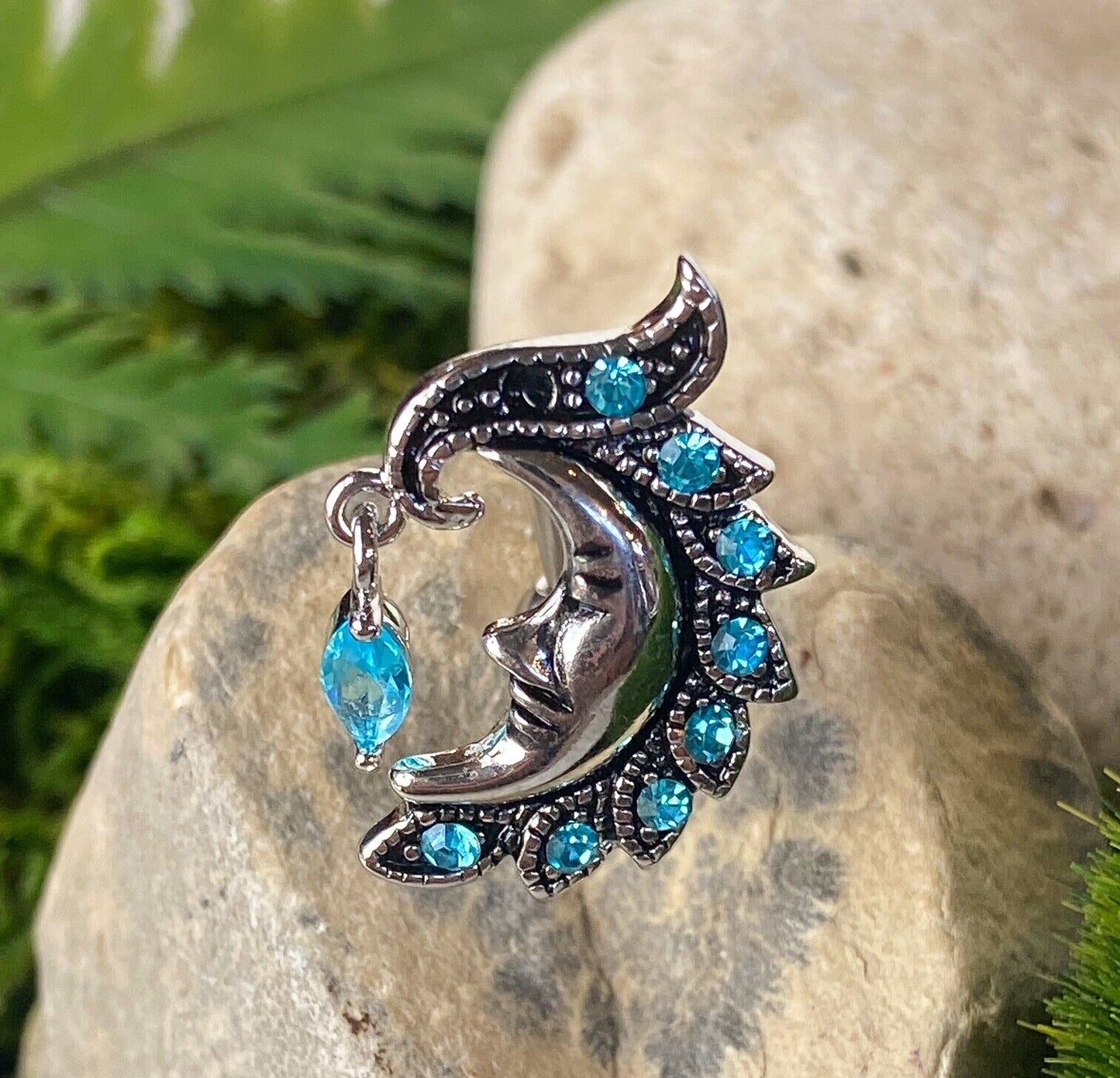Reverse Crescent Moon Face Belly Ring Marquise CZ Gem Pierced Navel Top down
