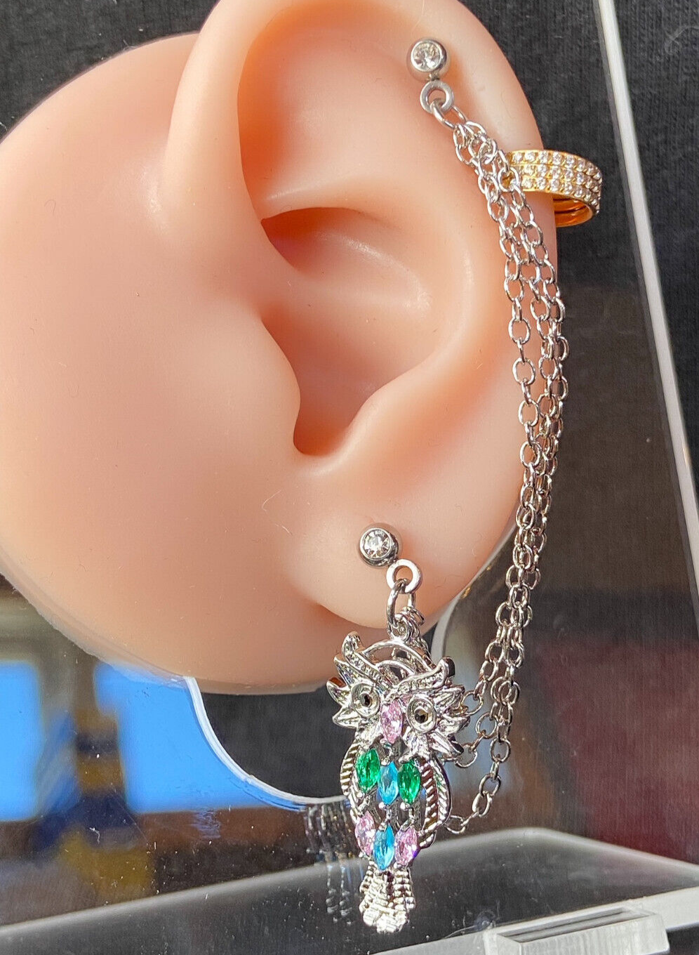Steel Chain Linked Marquise Gemmed Owl Cartilage Tragus Helix Barbell Jewelry