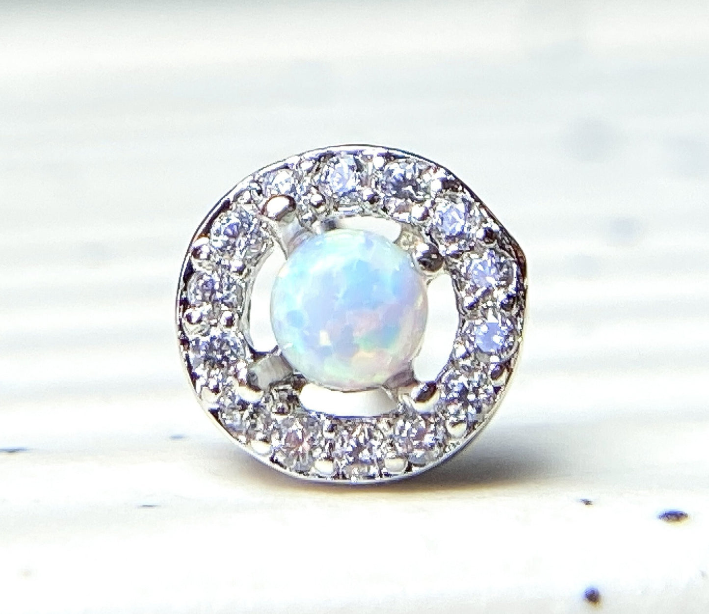 1pc CZ Gem Circle w/ Opal Dome Center L-Bend 20g Nose Stud Screw Ring