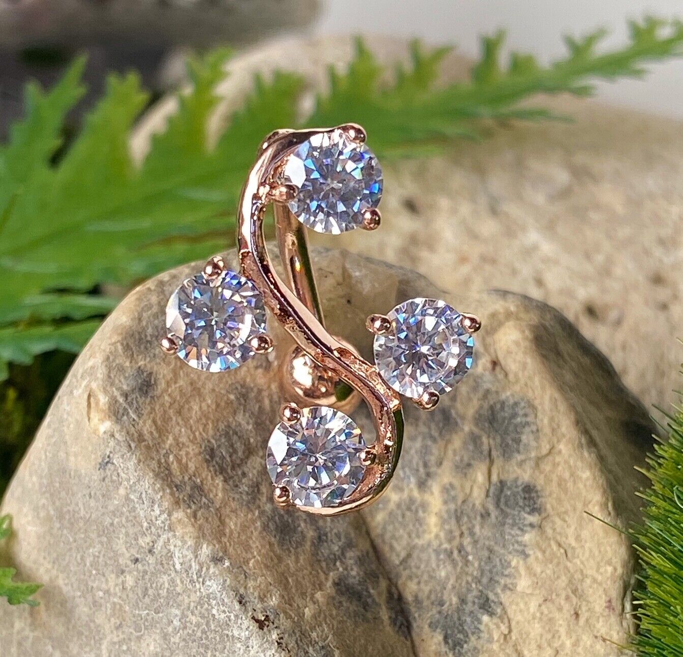 Rose Gold Plated Vine Belly Ring Pierced Navel Dangle Reverse CZ Gems