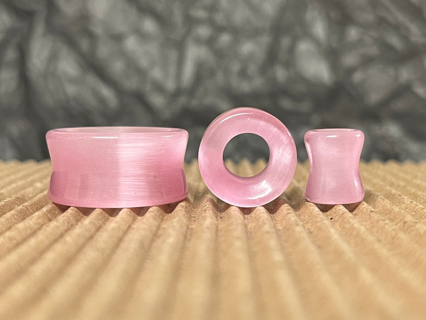 PAIR  Pink Cat Eye Stone Double Flare Tunnels Plugs Earlets Gauges Body Jewelry