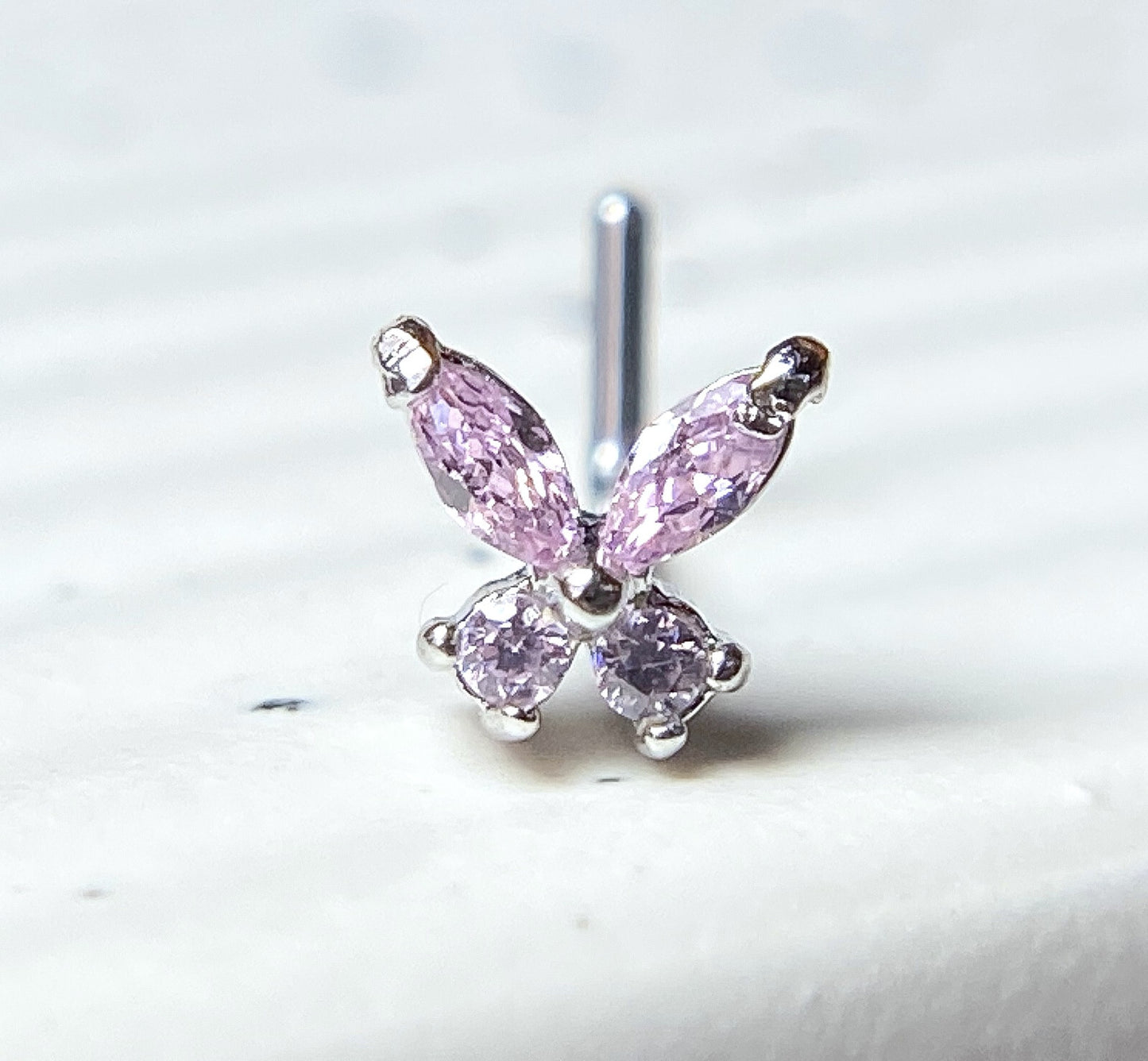 1pc CZ Gem Butterfly L-Bend 20g Nose Ring Stud Screw 316L Surgical Steel