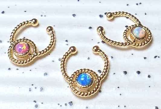 1pc NON-Piercing Gold Roped Circle Opal Septum Ring Hanger Faux Fake