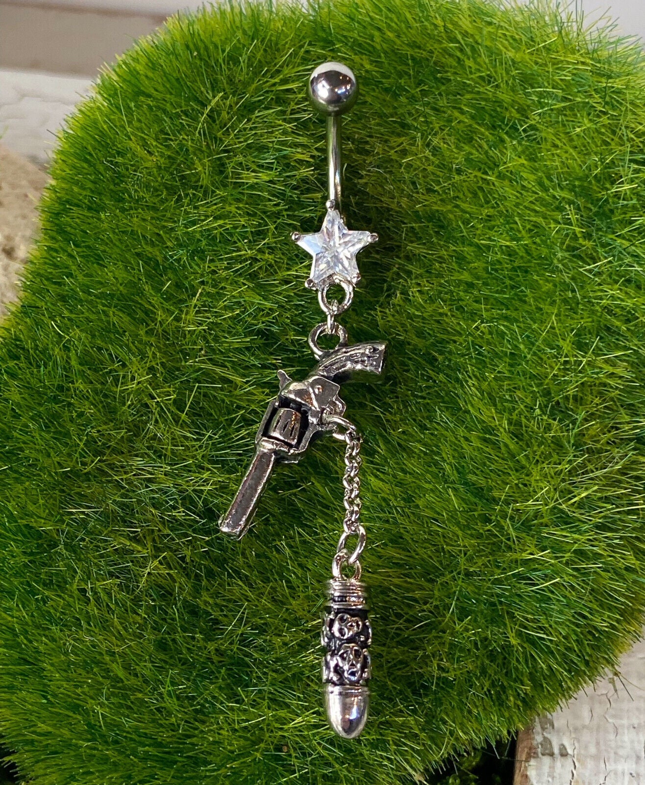 Revolver Gun Skull Carved Bullet Belly Ring Pierced Navel Prong Set Star CZ Gem
