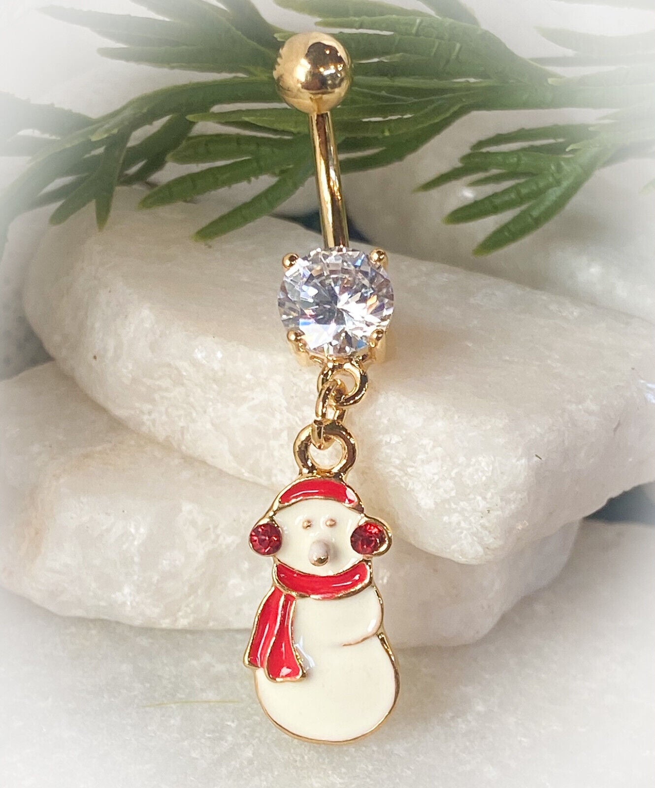 Christmas Dangle Belly Ring Pierced Navel Holiday Surgical Steel 14k Gold IP