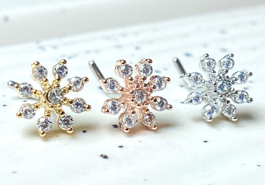 1pc CZ Gem Flower Starburst L-Bend Nose Ring Stud Screw 316L Surgical Steel