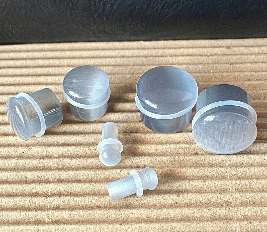 PAIR Gray Cat Eye Stone Plugs Single Flare Tunnels Earlets Gauges Body Jewelry