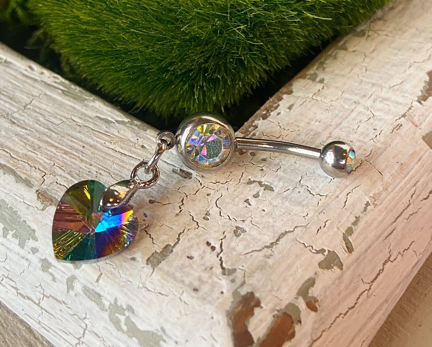 Crystal Ray Prism Heart Gem Belly Ring Navel Naval AB, Clear, Pink, Aqua