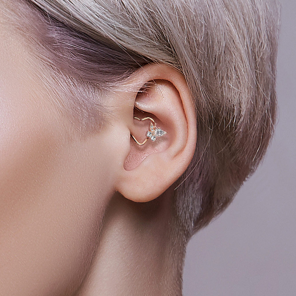 1pc Heart Bendable Ear Cartilage Daith Hoop Ring w/ Prong Set CZ Gem Butterfly