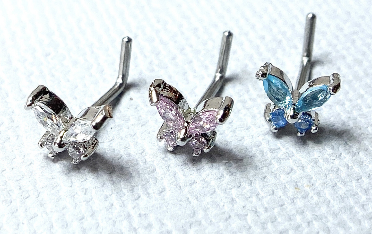 3pc Value Pack L-Bend CZ Gem Butterfly 20g Surgical Steel Nose Rings
