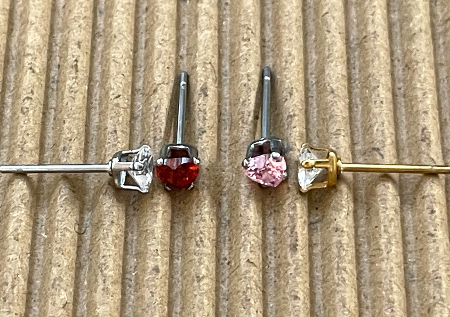 PAIR Heart CZ Gem Stud Earrings 316L Surgical Steel, choose color & gem size