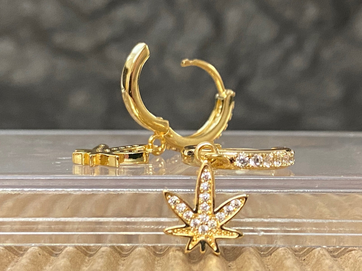 PAIR of CZ Gem Paved Pot Leaf Hinged Hoop Earrings Huggies 18g