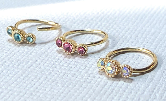 1pc Yellow Gold Three CZ Gem Hoop Nose / Cartilage Ring Rook Daith Helix Tragus