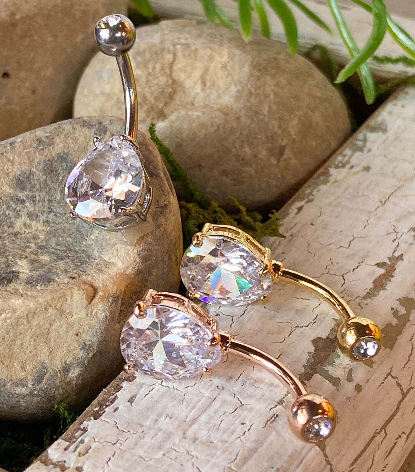 1pc Double Gemmed Teardrop CZ Gem Prong Set Solitaire Belly Ring Navel Naval