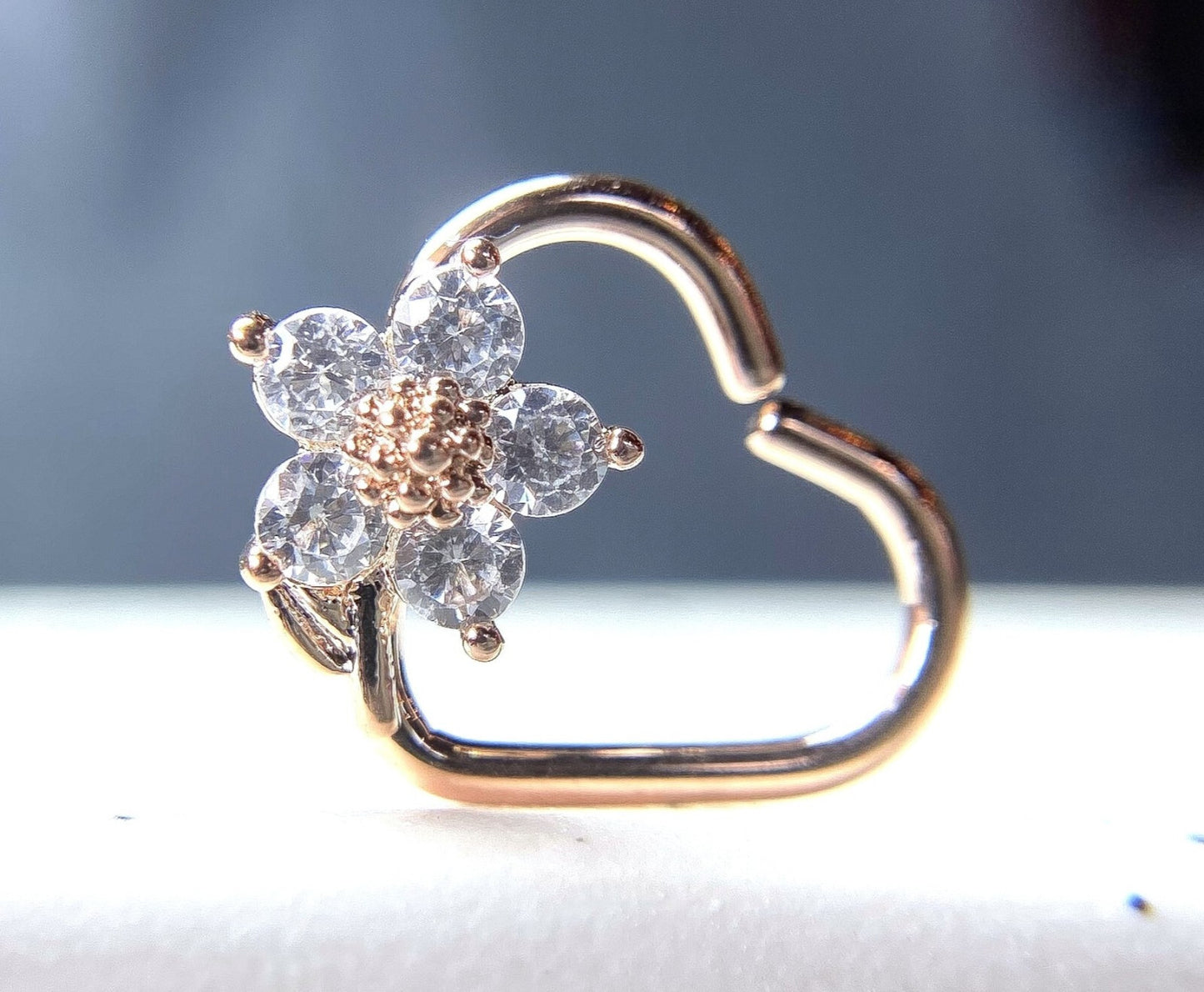 1pc Heart Bendable Ear Cartilage Daith Hoop Ring w/ Prong Set CZ Gem Flower
