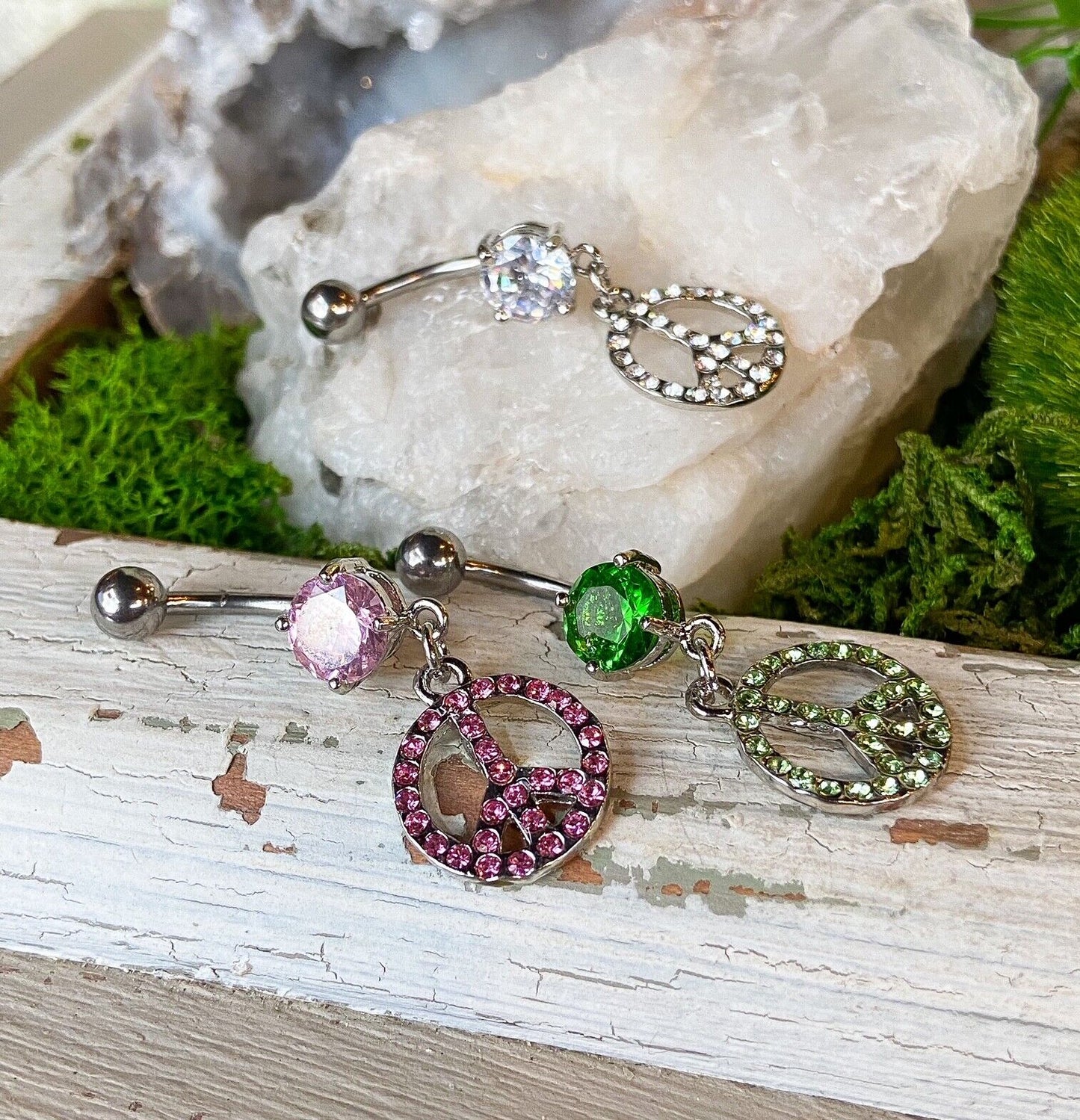 1pc CZ Gem Peace Sign Belly Ring Pierced Navel Naval 14g Piercing Body Jewelry