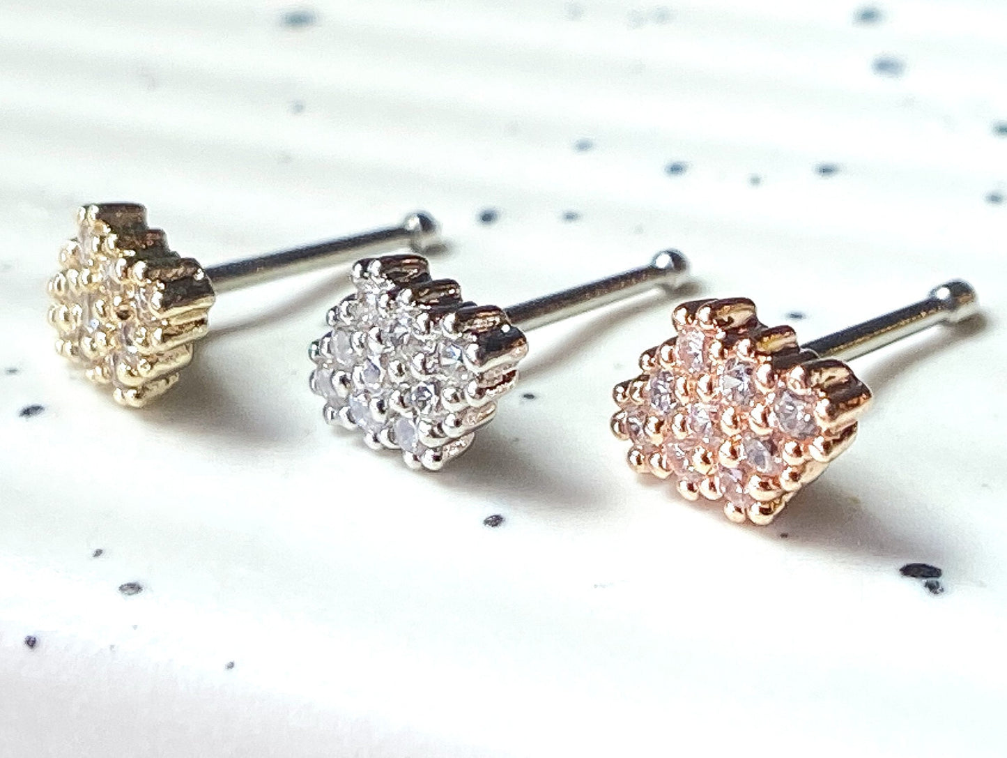 1pc CZ Paved Rhombus-Shaped 20g Nose Ring Stud Bone 316L Surgical Steel