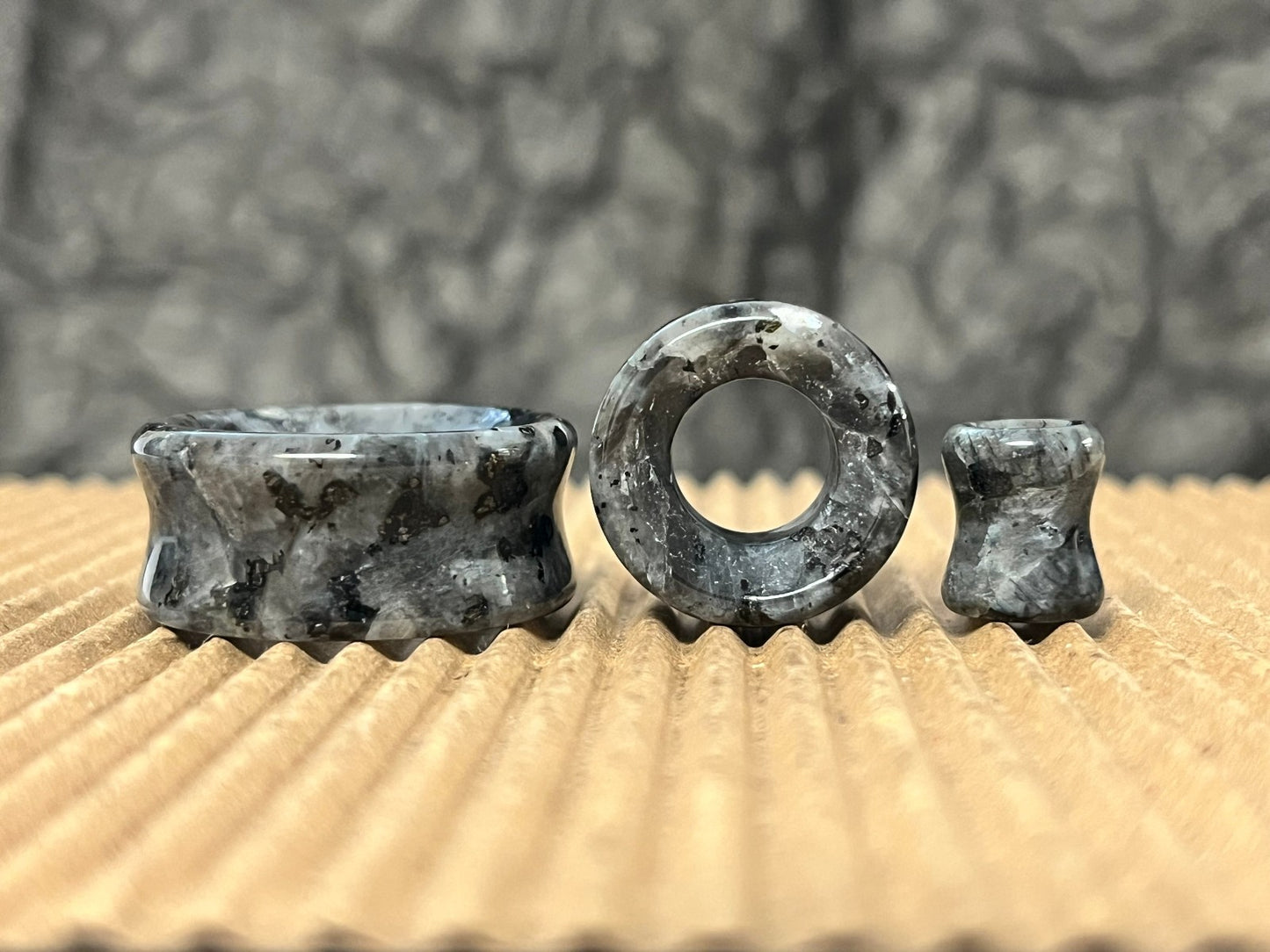PAIR Black Labradorite Stone Double Flare Tunnels Plugs Gauges Body Jewelry