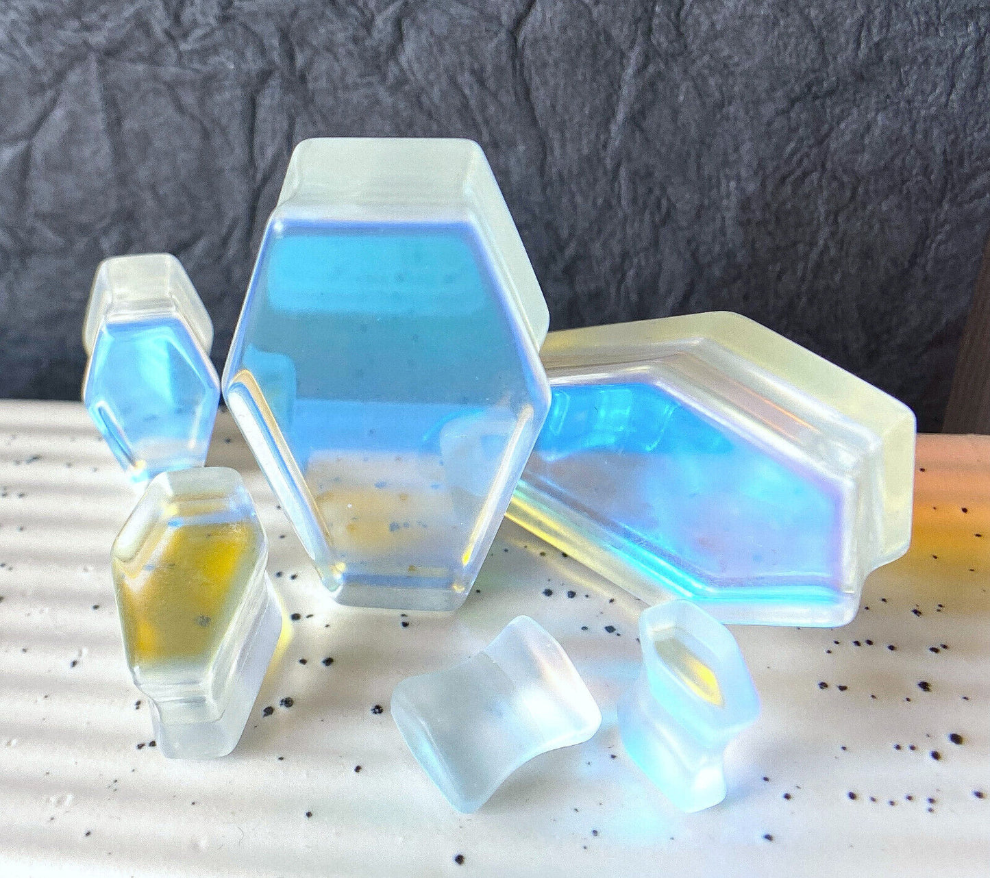 PAIR Luminous Moonstone Iridescent Glass Coffin Shaped Plugs Gauges Tunnels