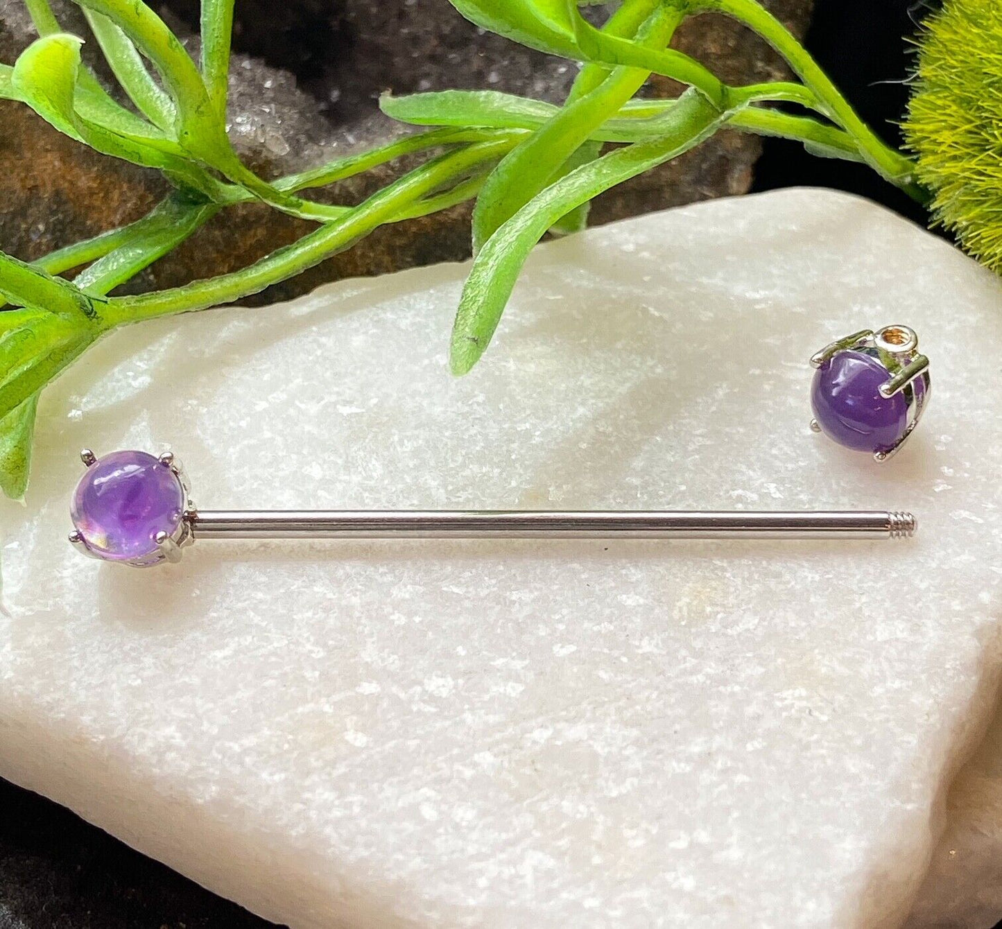 1pc Amethyst Stone 1.5" Industrial Barbell Amythest Body Piercing Jewelry