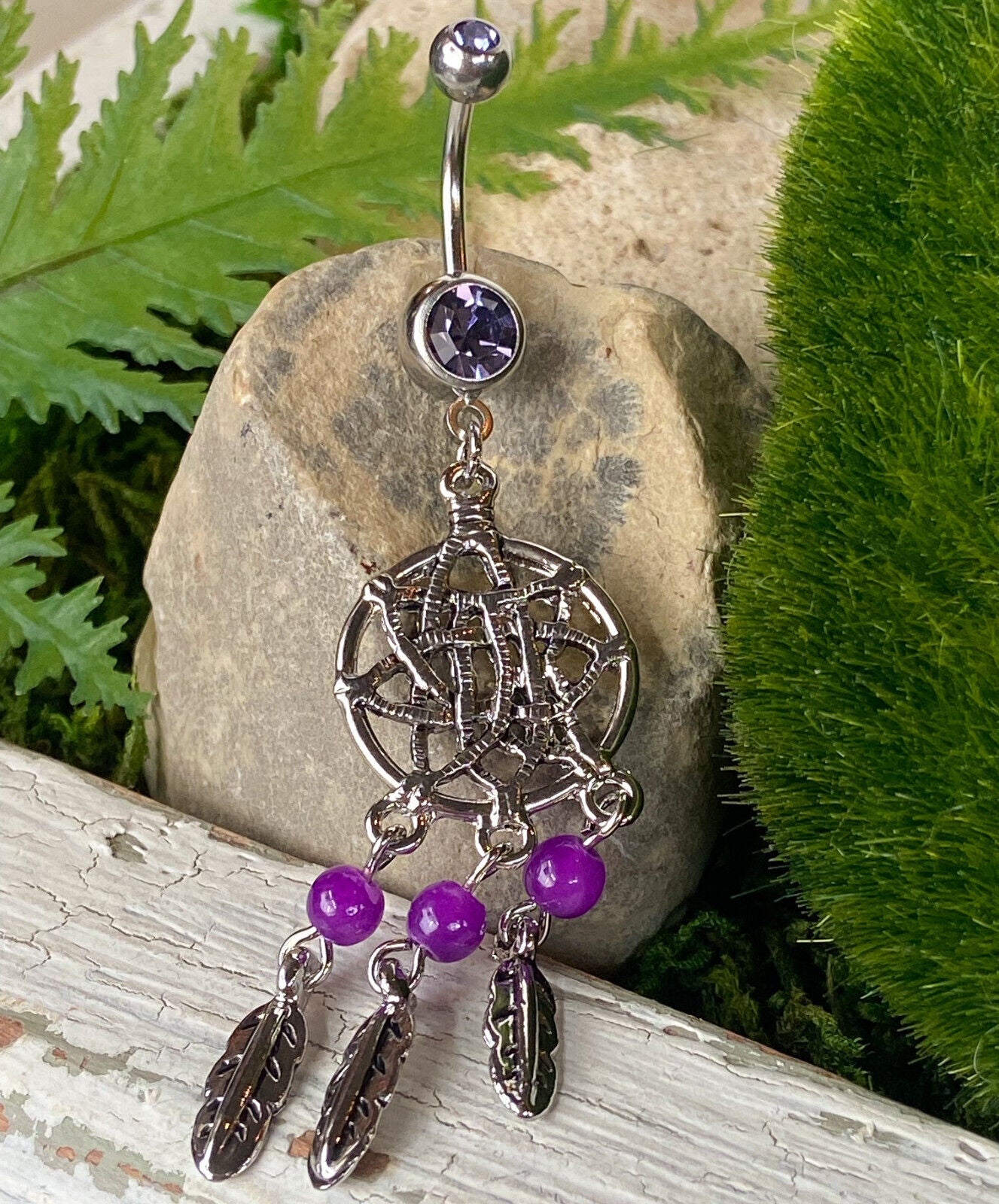 Dream Catcher Beaded Feather CZ Gem Belly Ring Navel Naval Clear, Pink, Aqua