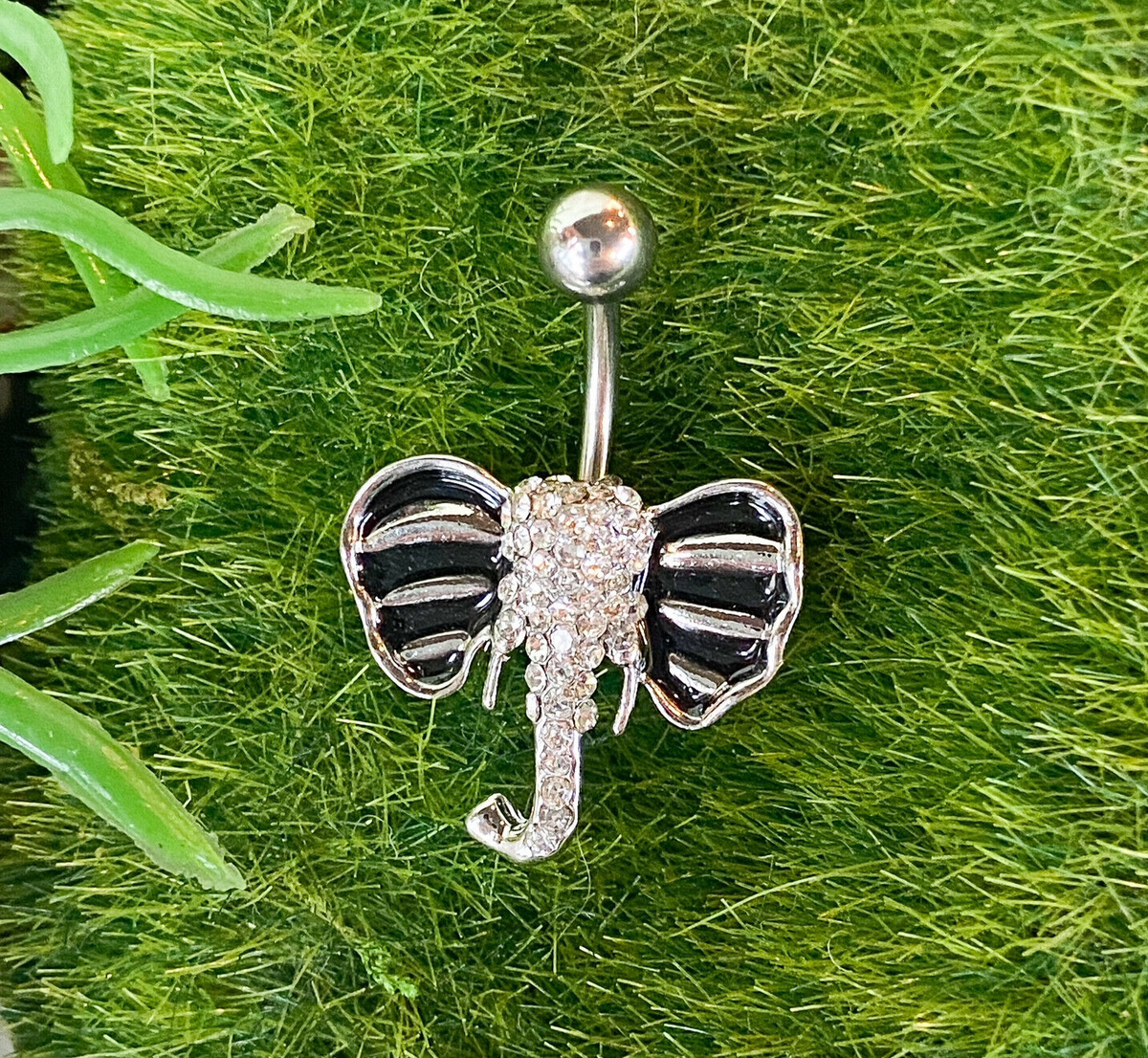 1pc Elephant Belly Ring Pierced Navel Paved Gem Black Enamel Ears Naval Piercing