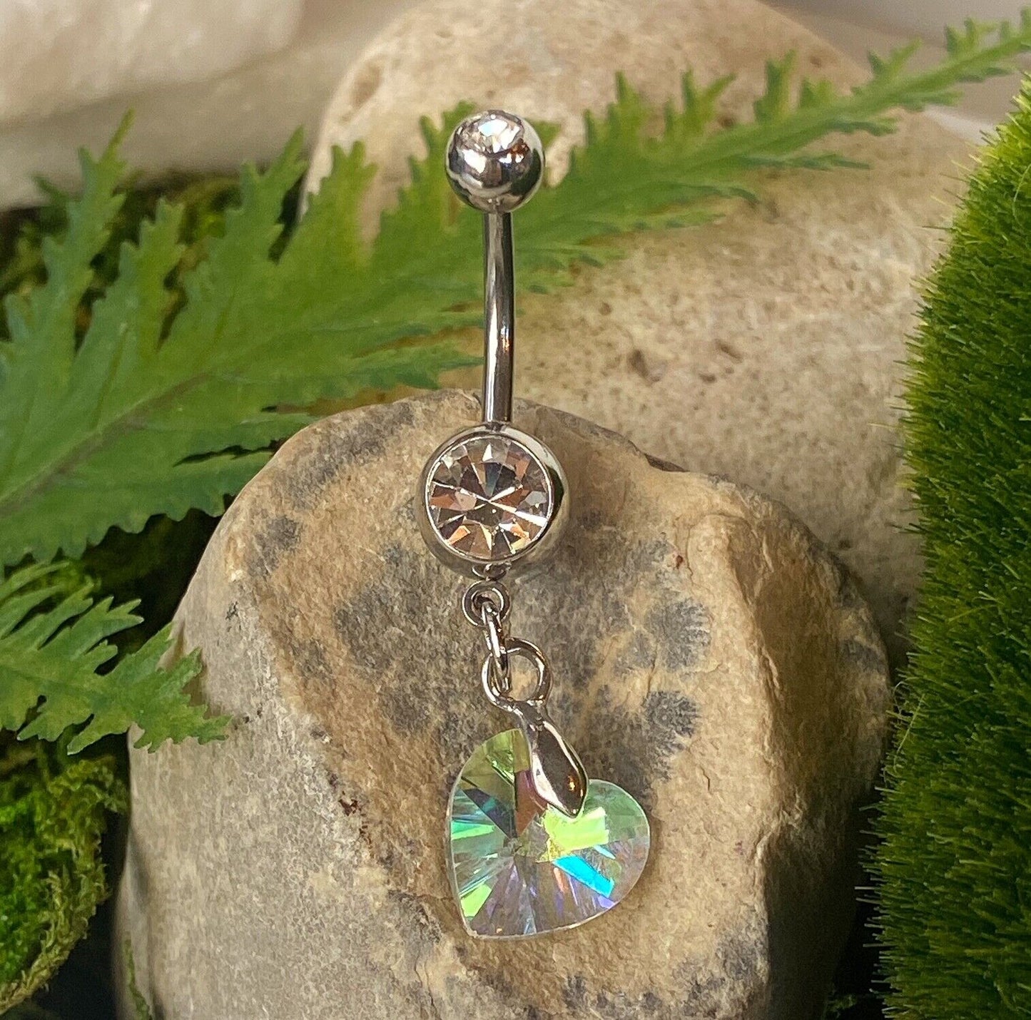 Crystal Ray Prism Heart Gem Belly Ring Navel Naval AB, Clear, Pink, Aqua