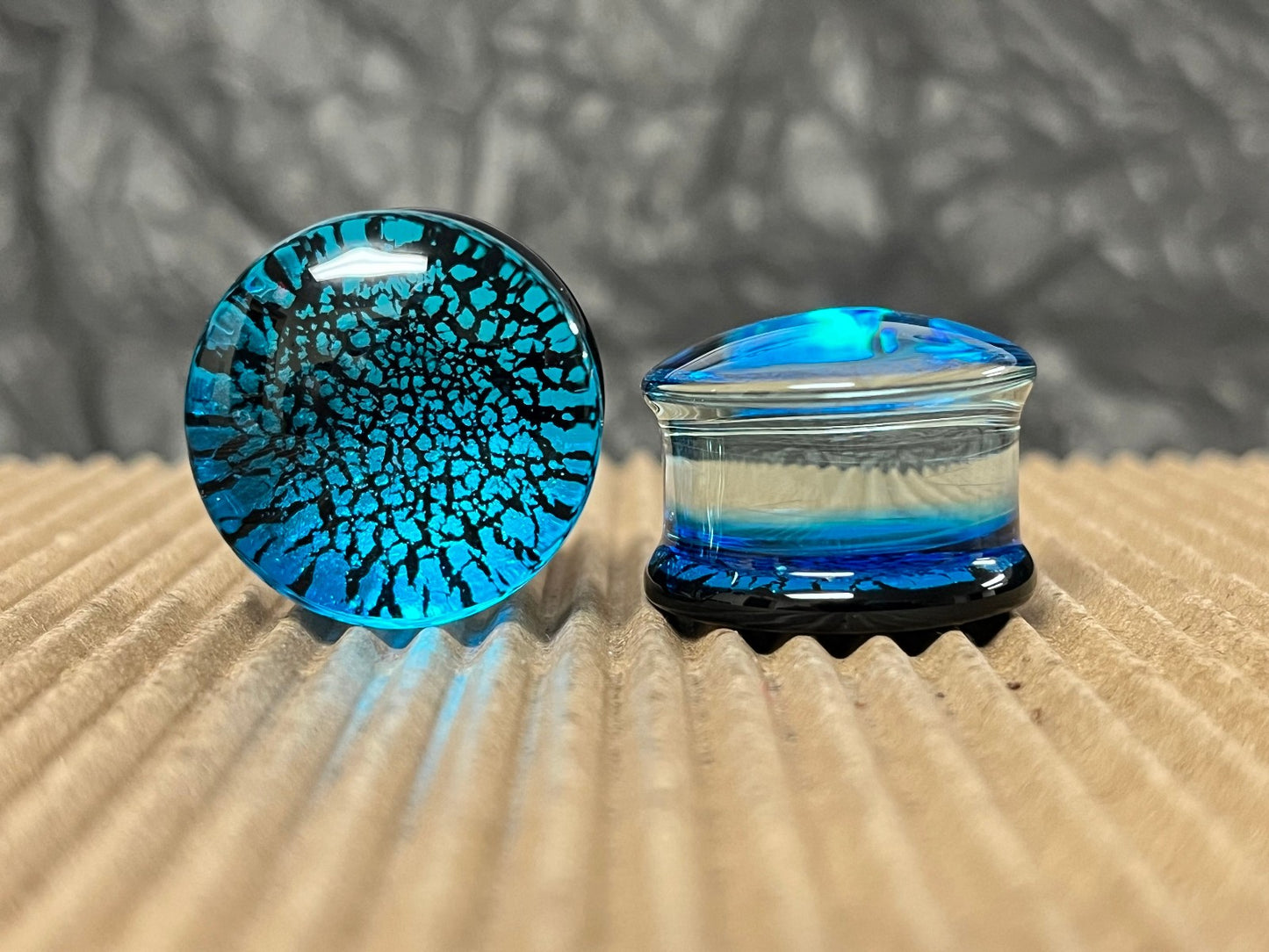 PAIR Ocean Blue Fracture Design Glass Plugs Double Flare Gauge Body Jewelry