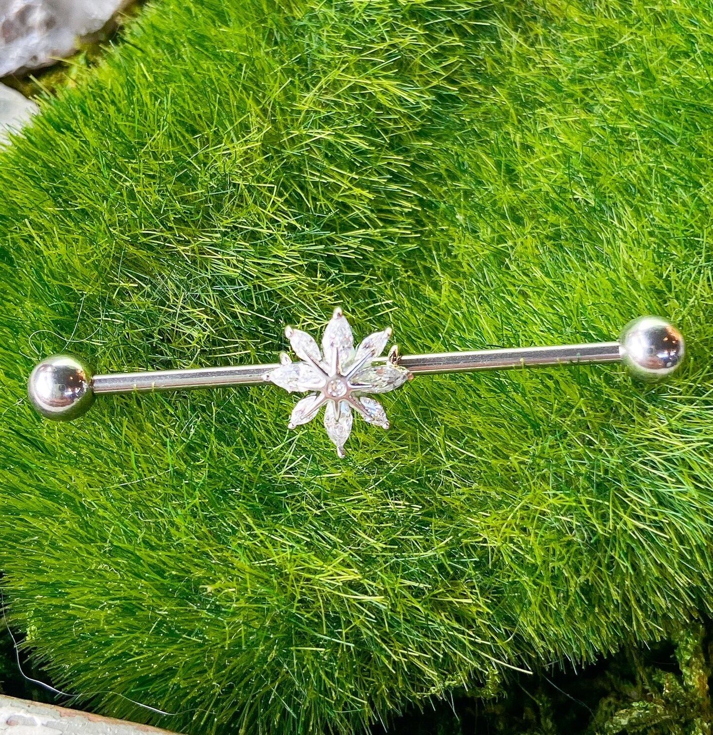 1pc Marquise CZ Gem Snowflake Industrial Barbell 38mm, 1.5", 1 & 1/2 inch inches