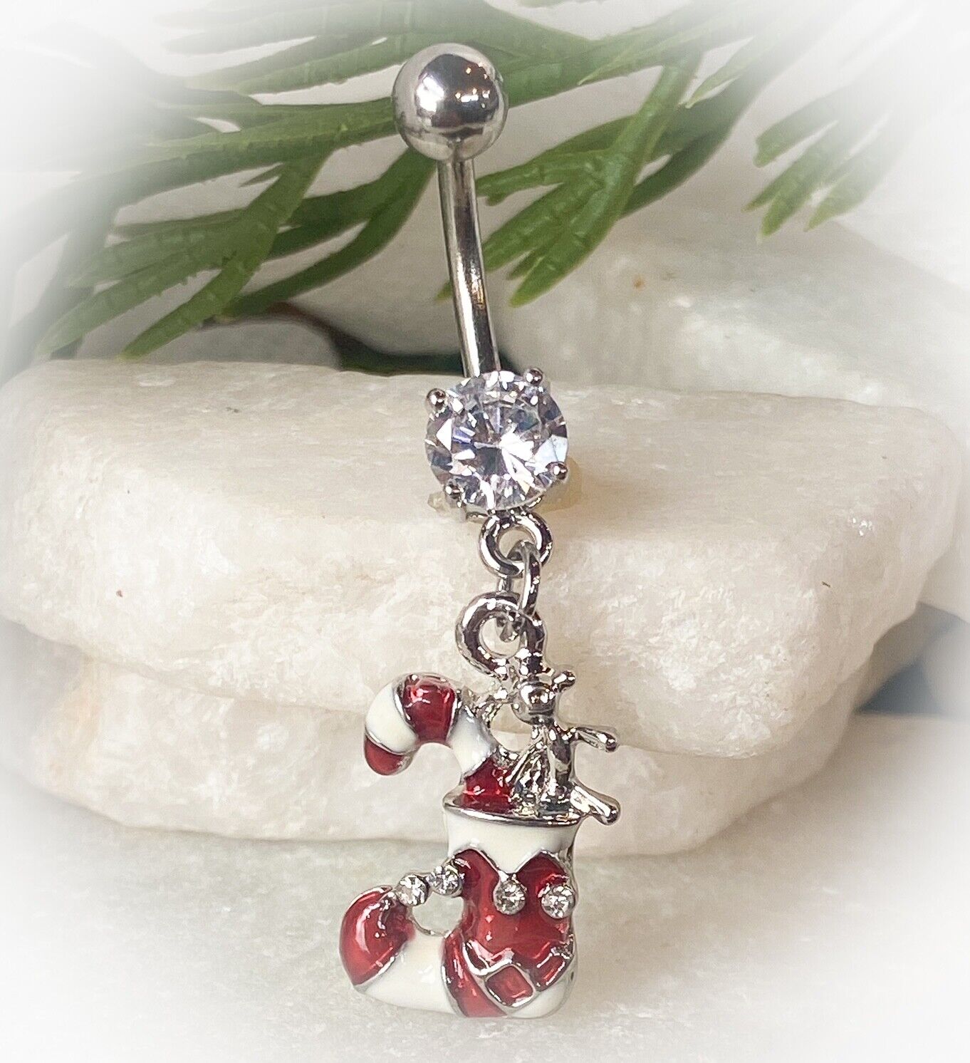Christmas Dangle Belly Ring Pierced Navel Holiday Surgical Steel 14k Gold IP