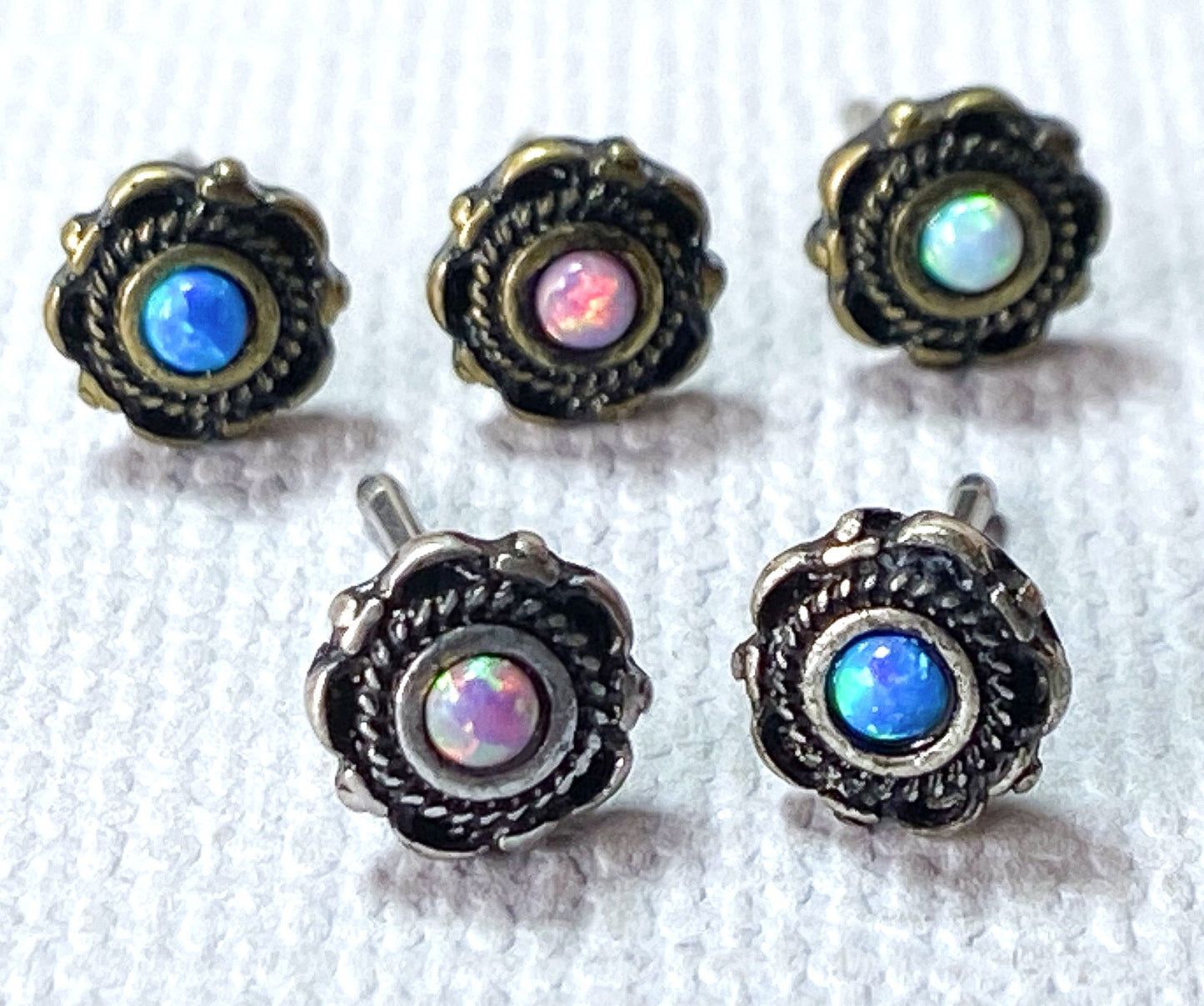 1pc Opal Centered Floral Design Antique Gold or Silver Plated 20g Nose Ring Stud