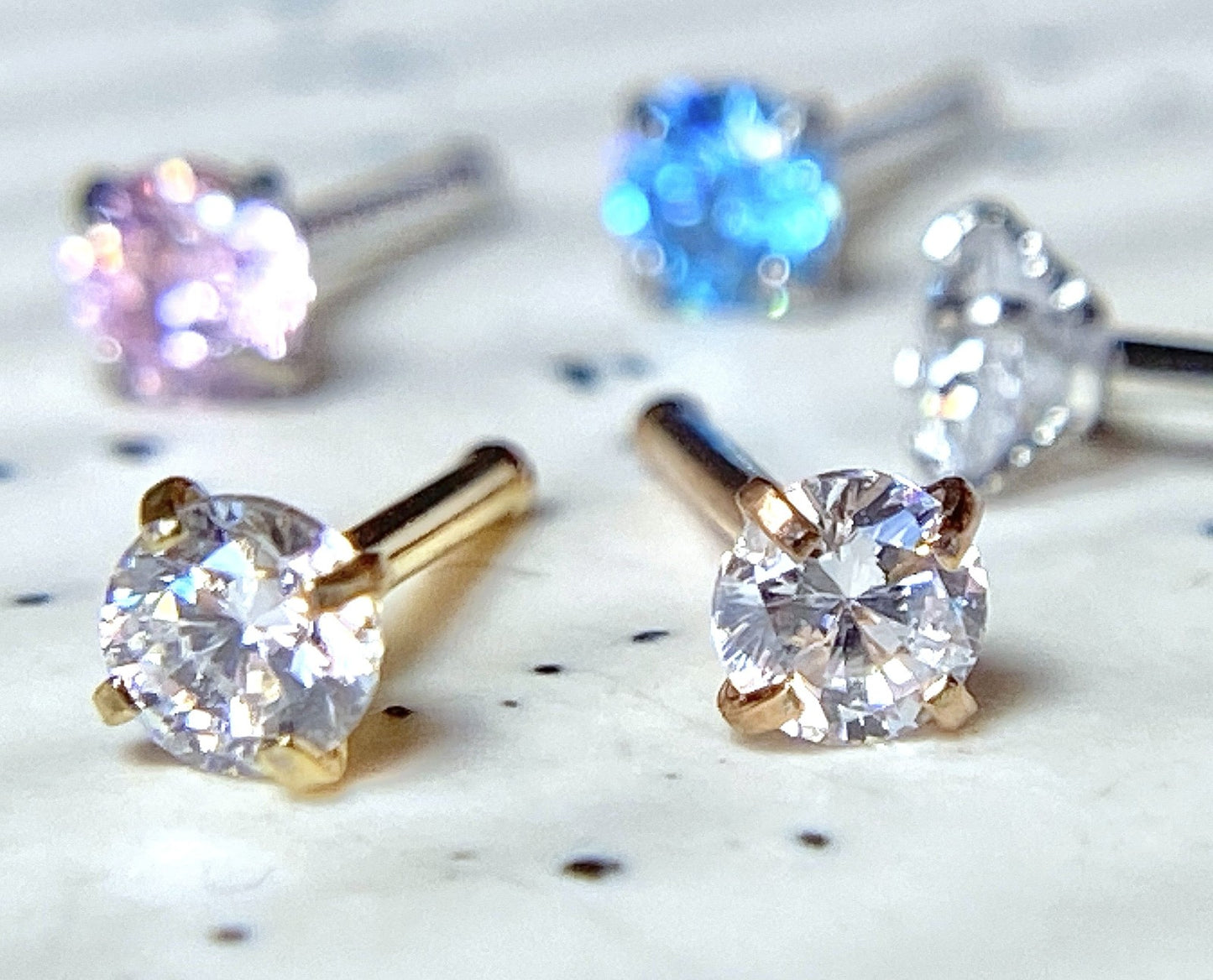 5pcs Prong Set Gem Nose Ring Studs Bones 316L Surgical Steel - choose gem size