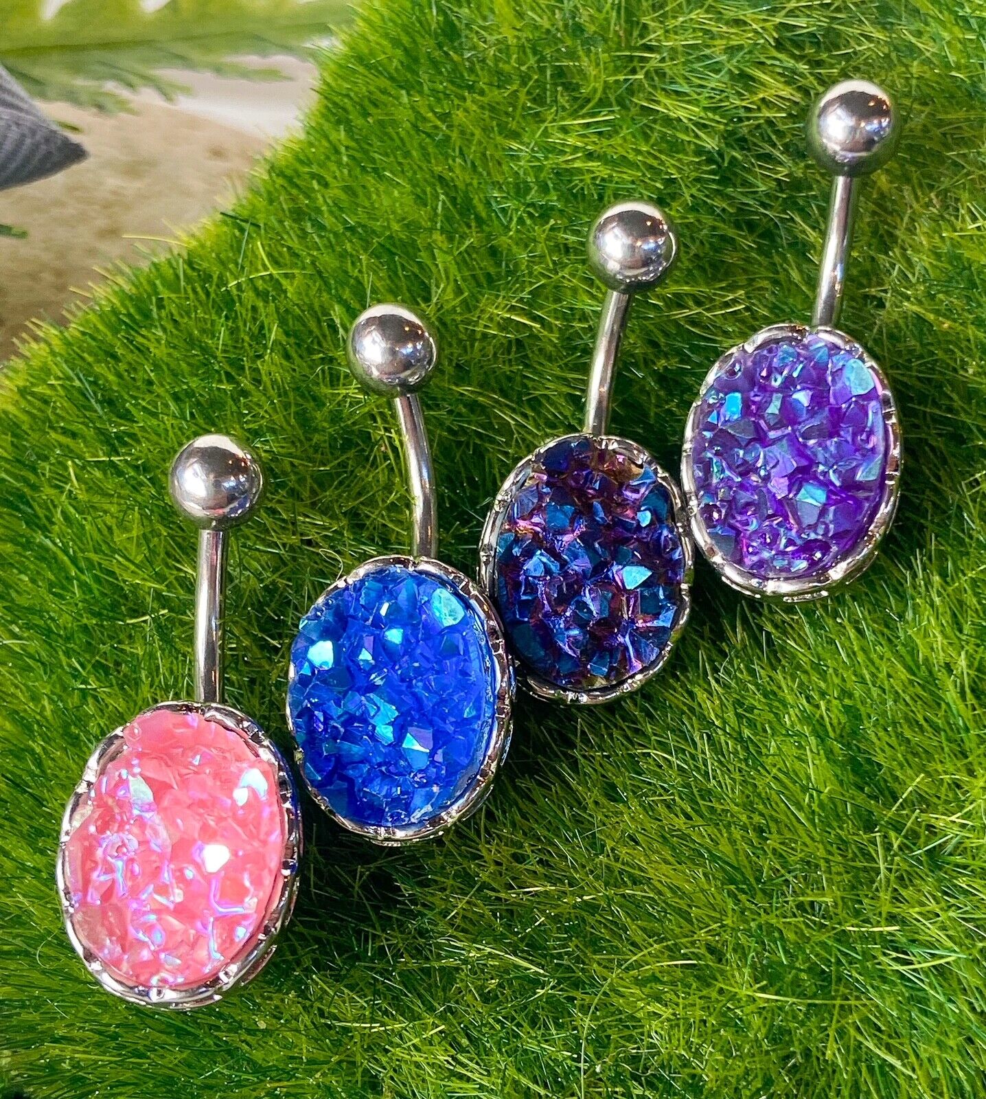 Rough Cut Druzy Stone Iridescent Navel Ring Naval Belly Button Body Jewelry