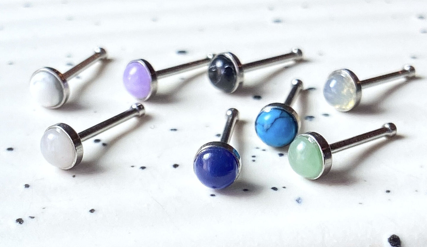 1pc Semi-Precious Stone Set 20g Nose Ring Stud Bone 316L Surgical Steel