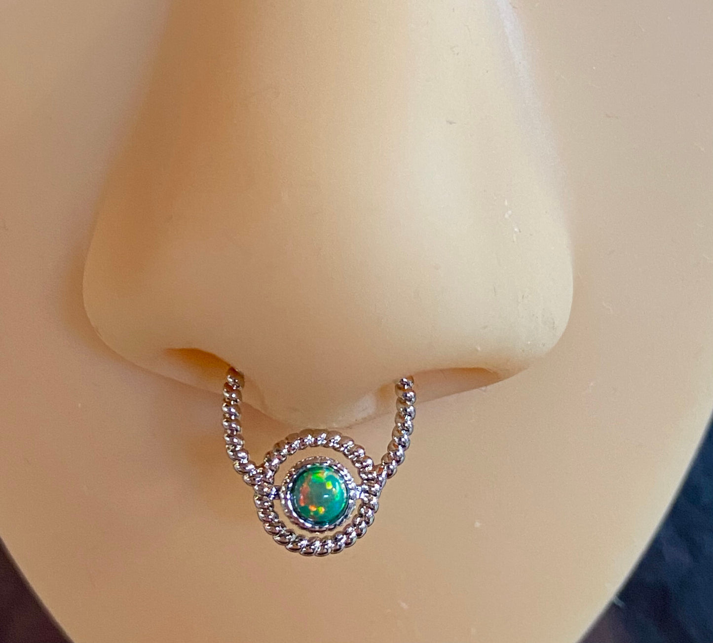 1pc NON-Piercing Silver Roped Circle Design Septum Hanger Opal Gem Fake Ring