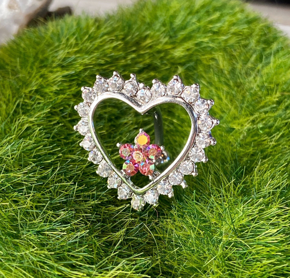 Reverse Heart Flower CLEAR Gem Belly Ring Navel Piercing Pierced Naval Jewelry
