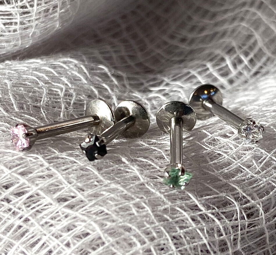 4pc Value Pack Internally Threaded Surgical Steel Labret w/ Prong Set Square Gem