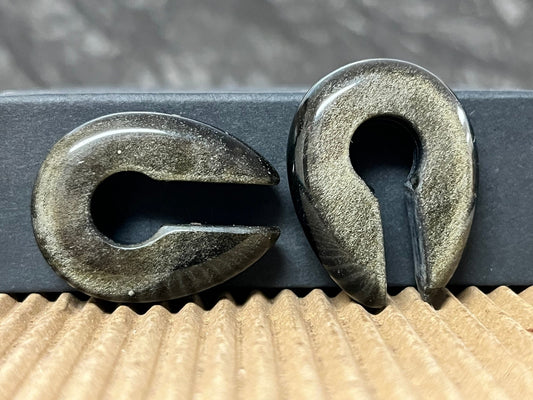 PAIR Gold Obsidian Keyhole Hanger Ear Weight Plug Gauge Tunnel Stone Gauges