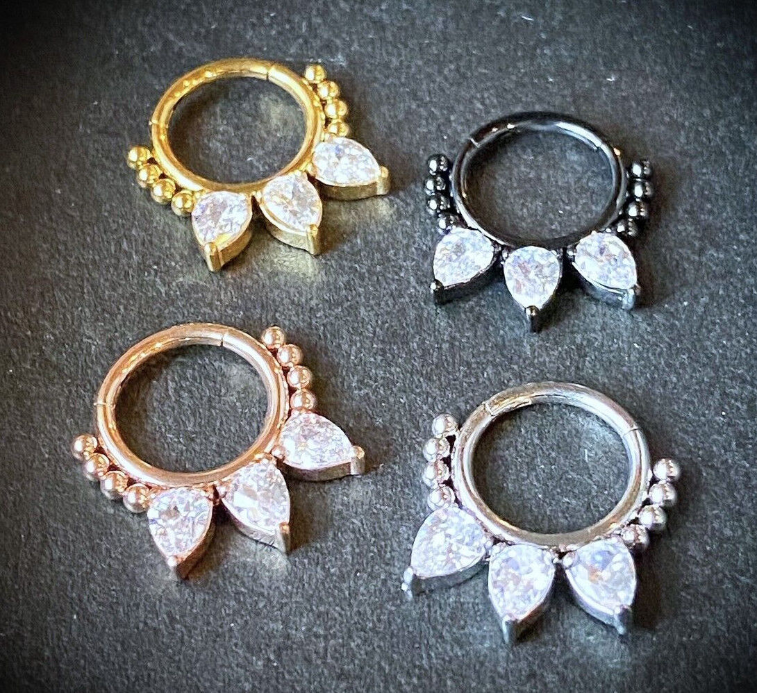 1pc Pear CZ Gems & Beads Hinged Segment Ring 16g Septum Clicker Helix Cartilage