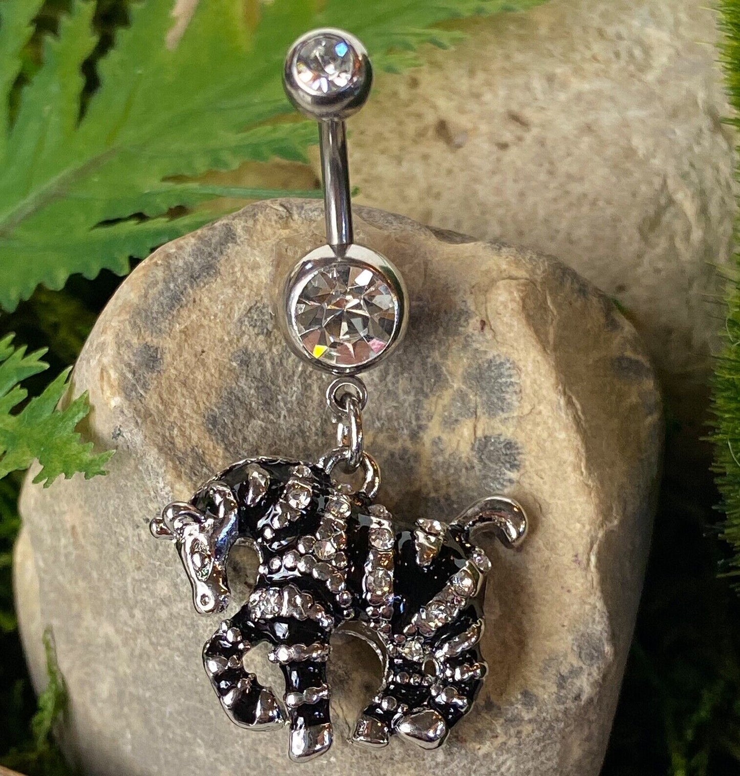 Zebra Black Enamel Paved CZs Striped Dangle Belly Ring Pierced Navel Print 14g