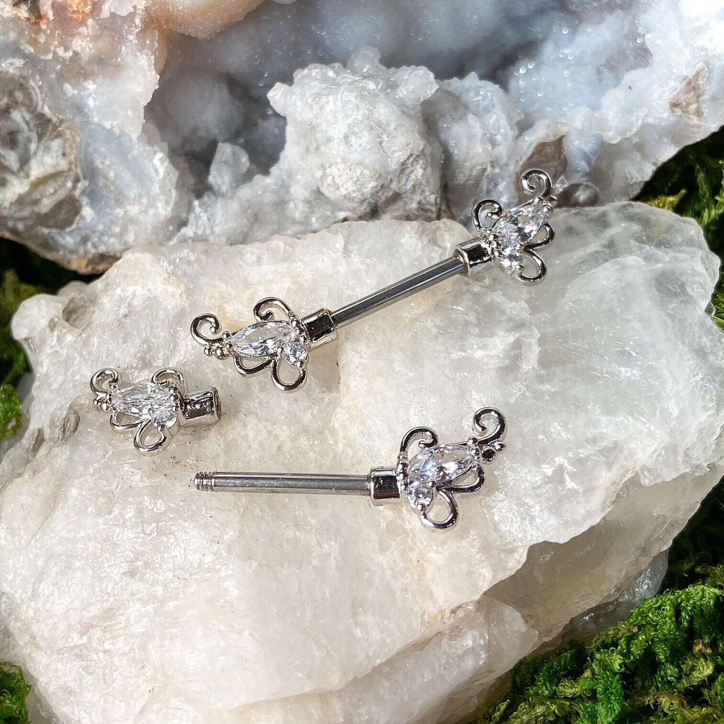 PAIR CZ Set Floral Filigree Nipple Rings Shields Pierced Body Piercing Jewelry
