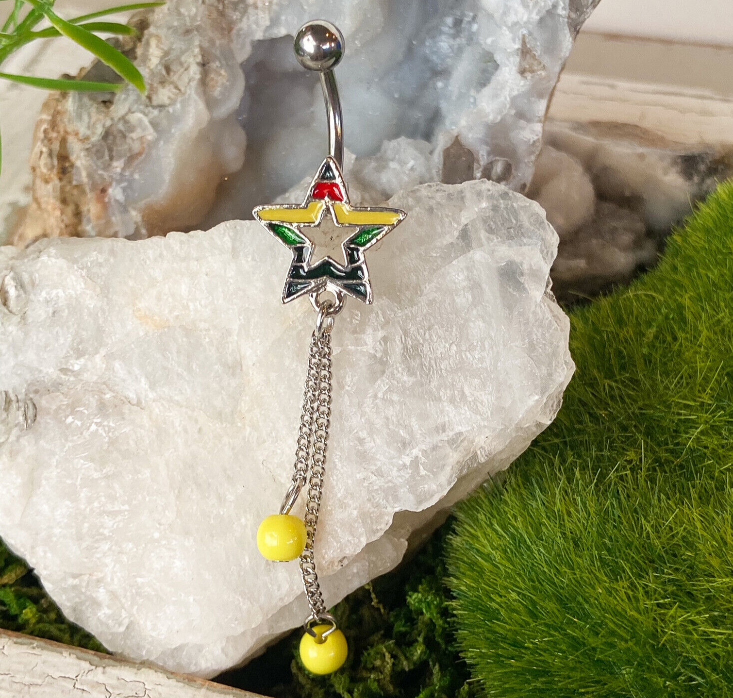 Gay Pride Rainbow Star Double Bead Dangle Belly Ring Pierced Navel Naval Jewelry