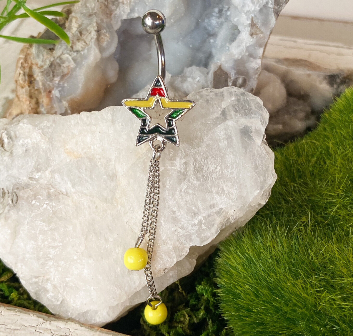 Gay Pride Rainbow Star Double Bead Dangle Belly Ring Pierced Navel Naval Jewelry