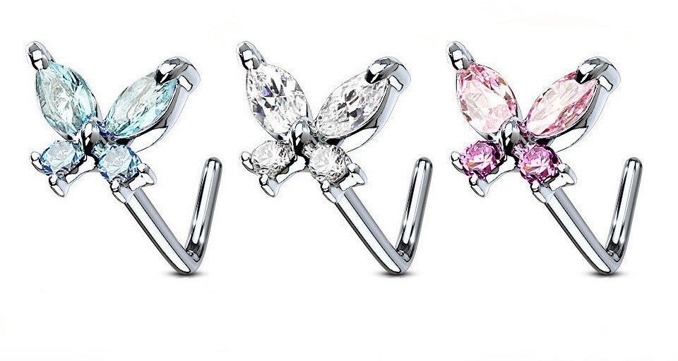 3pc Value Pack L-Bend CZ Gem Butterfly 20g Surgical Steel Nose Rings