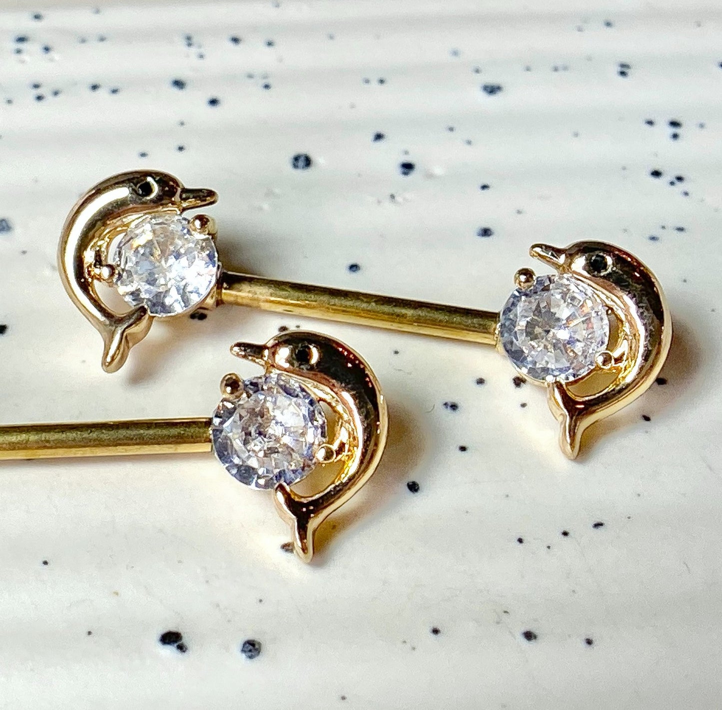 PAIR Dolphin Gem Ends Nipple Rings Shields Barbells Body Jewelry
